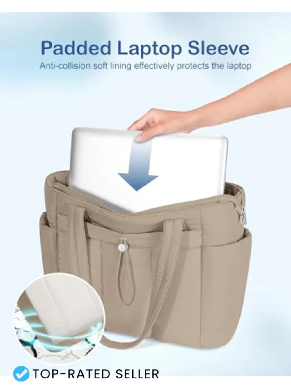 Puffy Tote Bag with Laptop Compartment & Cup Holder for Women Work Travel